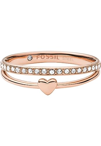 Fossil Roségold-Ring mit Herz und Kristallen Detail