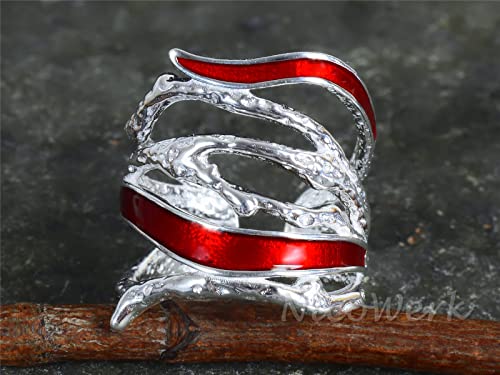 Silberring mit rotem Email-Dekor Detail