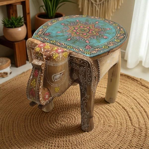 Handbemalter Elefanten-Hocker aus Mangoholz