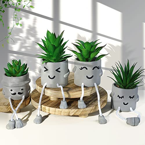 Kunstsukkulenten im Betontopf mit Gesichtern Detail