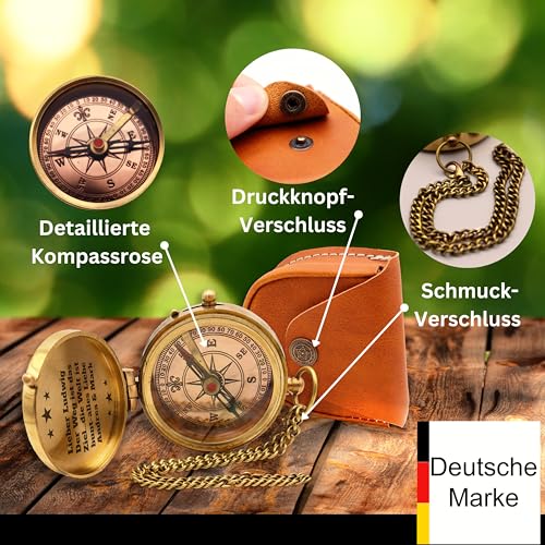 Personalisierbarer Messing-Kompass mit Lederetui Detail