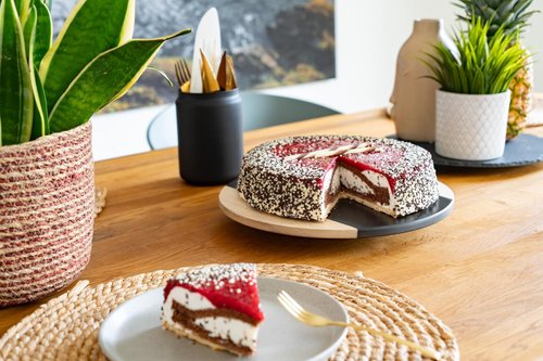 Drehbare Servierplatte aus Schiefer und Edelholz