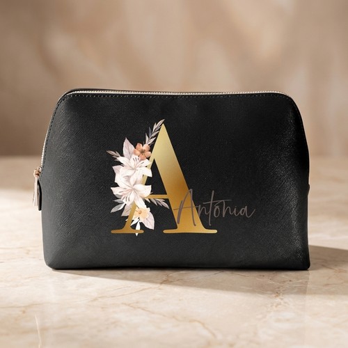 Personalisierte Kosmetiktasche mit floraler Initiale