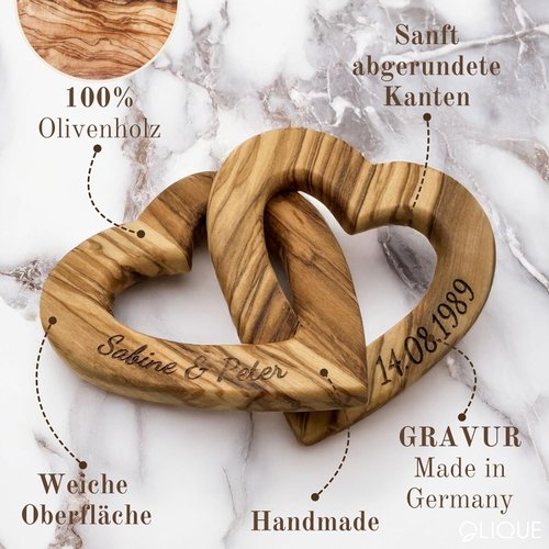 Verbundene Herzen aus Olivenholz Detail