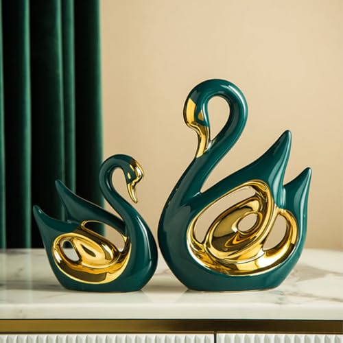 Keramik-Schwanenpaar in Smaragdgrün und Gold Detail