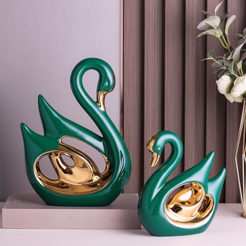 Keramik-Schwanenpaar in Smaragdgrün und Gold