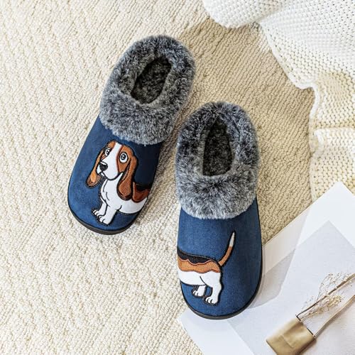 Plüsch-Hausschuhe mit Basset-Stickerei